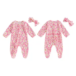 Newborn Baby Girl Footed Romper Long Sleeve Round Neck Daisy Print Ruffled Full Length Jumpsuit with Headband