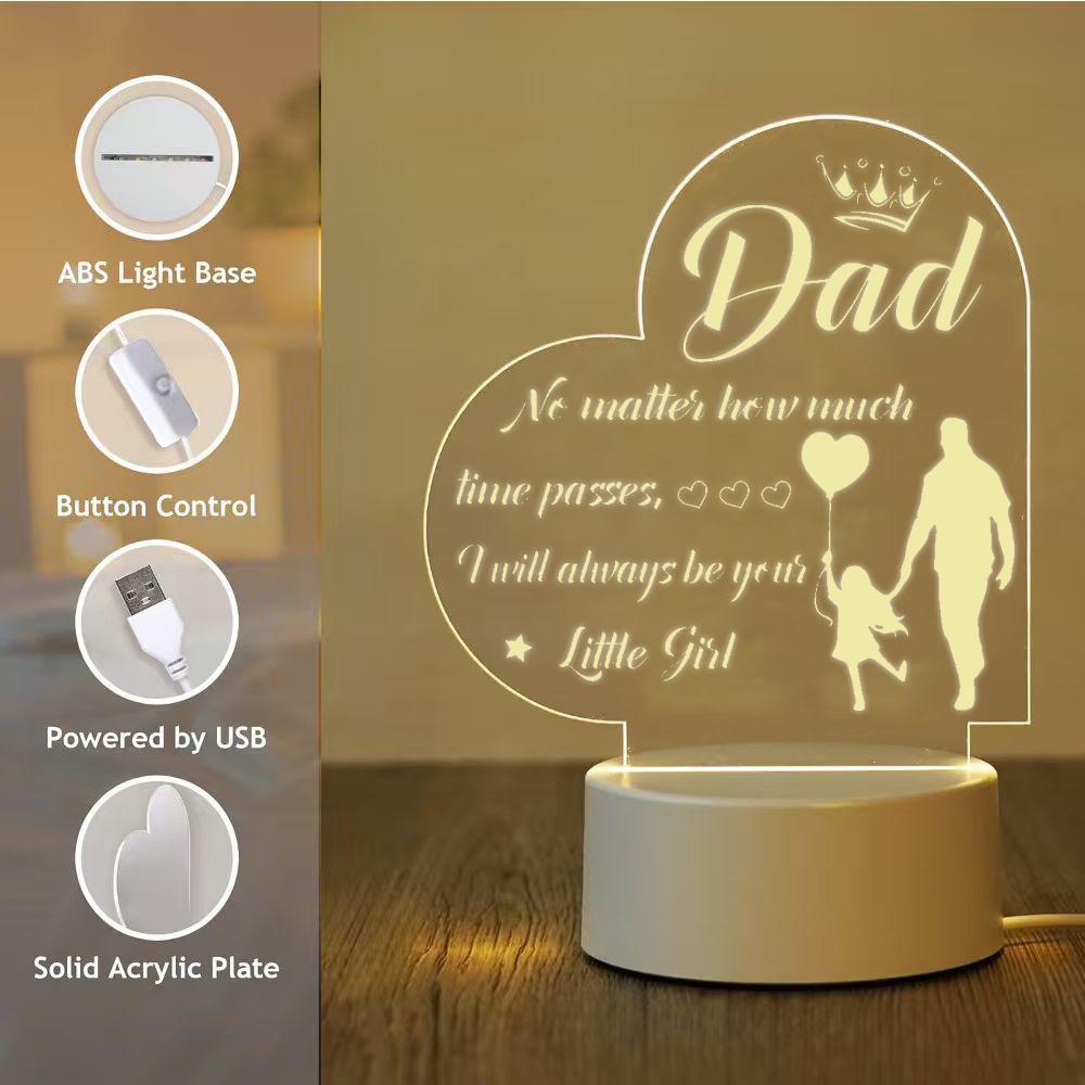 Dad Night Light, 2D Acrylic Heart Shaped Father & Daughter Lamp, Personalized Gift from Daughter to Dad, Warm White LED Desk Lamp, Father's Day Birthday Christmas Thanksgiving Gift for Dad, USB Powered Night Light