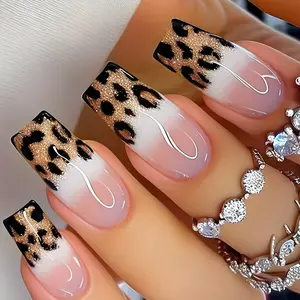 24pcs Leopard Print French Nail Art Stickers, Glitter Nails with Jelly Glue and File, Multi-Color Gradient, Premium Quality