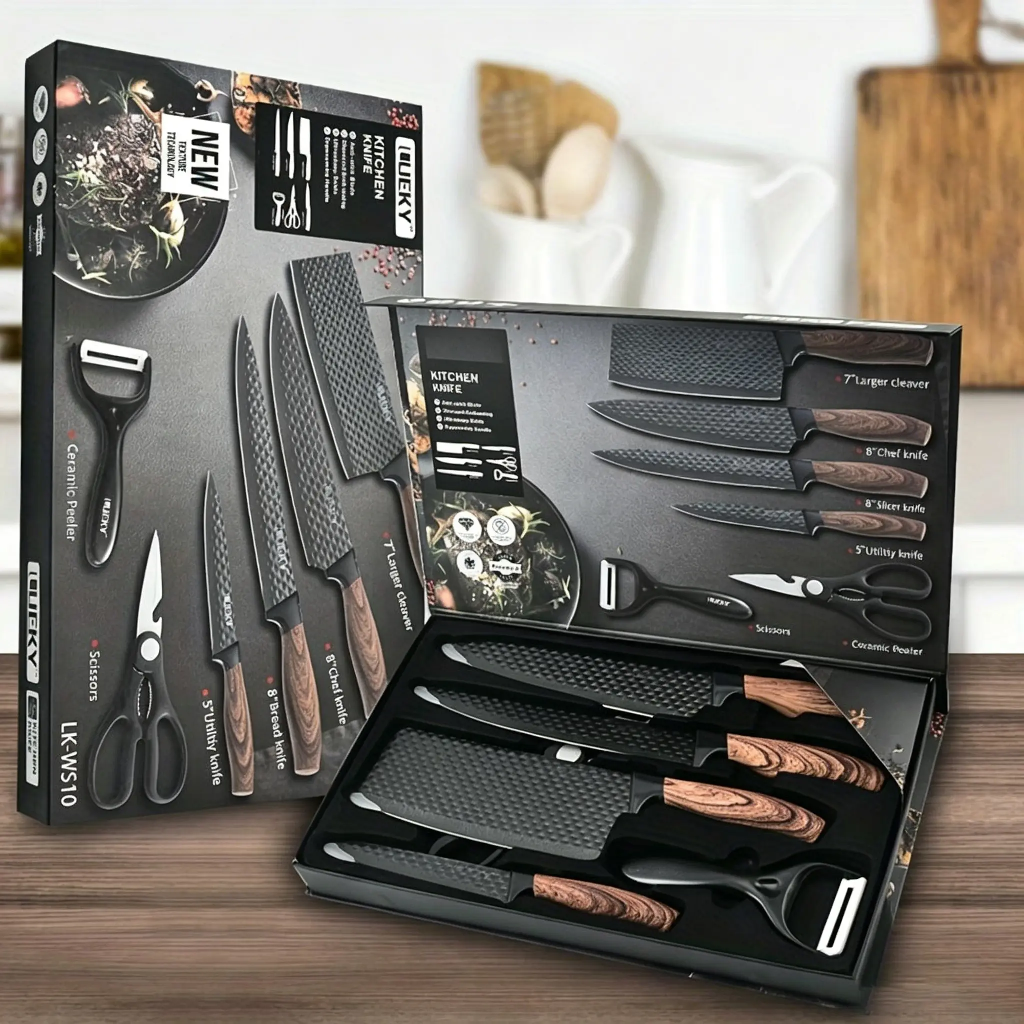 Professional 1/6" Kitchen Knife Set – Chef Knife, Slicer, Scraper & Scissors, Premium Stainless Steel with Ultra-Sharp Blades, Non-Stick Ergonomic Wood Handles, Perfect for Home Use, Travel, and Gift-Giving