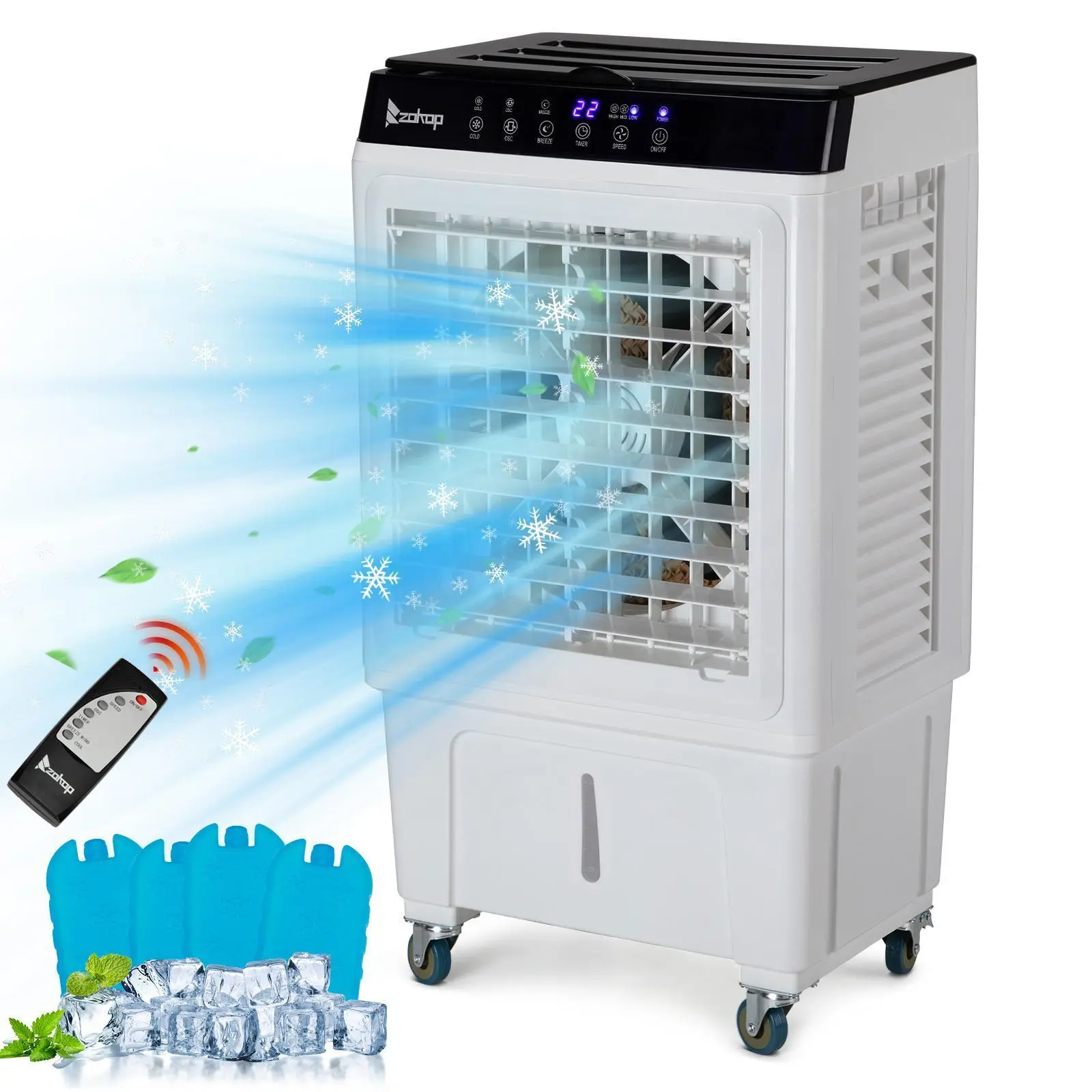 ZOKOP Automatic Energy Saving Evaporative Swamp Cooler - 3-in-1 Portable 2353CFM Air Cooler with 7.93 Gal Large Water Tank, 4 Ice Packs, Remote Control, Scroll Casters for Indoor-Outdoor Use