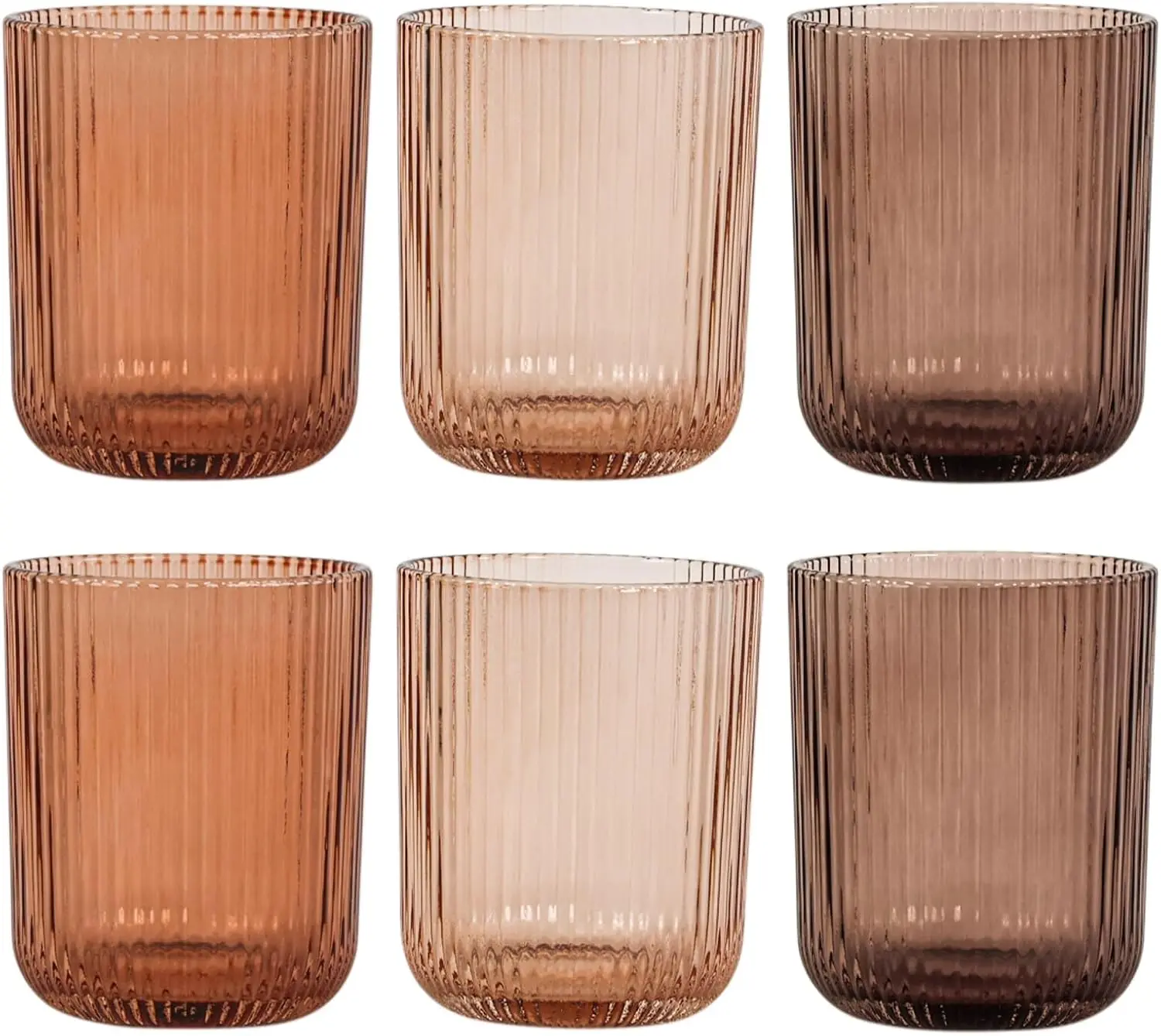 8.5oz Ribbed Drinking Glasses Set of 6, Melanin Brown Vintage Glass Cups, Thick Glass Tumbler for Coffee, Cocktails & Daily Drinks