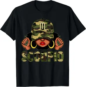 100%cotton Scorpio Queen Black Woman With Cap Camo Afro Girl Zodiac T-Shirt Top Womenswear