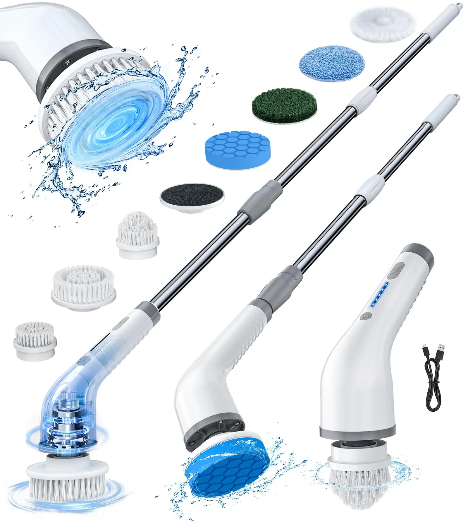 Cordless Electric Spin Scrubber IPX7 Waterproof Multifunction Cleaning Brushes with 8 Heads,Extendable Handle,2 Adjustable Speed,Long Rechargeable Battery for Home,Summervibes