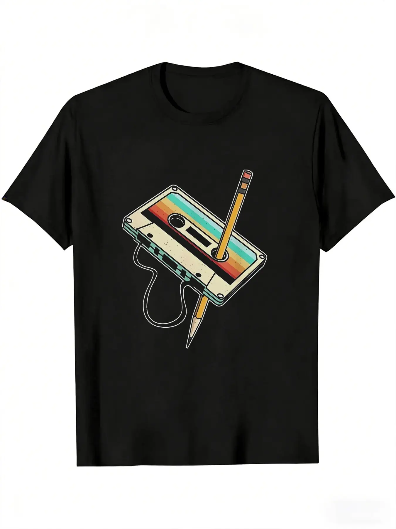 Retro Cassette Tape T-Shirt for Men - Vintage 80s 90s Music Graphic Tee with Pencil Fixing Cassette Design, Round Neck Nostalgic Throwback Shirt for Music Lovers, DJs, 80s Party Attire, Casual Short Sleeve Top, Perfect Gift for Gen X & Millennials