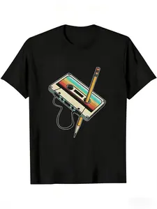 Retro Cassette Tape T-Shirt for Men - Vintage 80s 90s Music Graphic Tee with Pencil Fixing Cassette Design, Nostalgic Throwback Shirt for Music Lovers, DJs, 80s Party Attire, Casual Short Sleeve Top, Perfect Gift for Gen X & Millennials