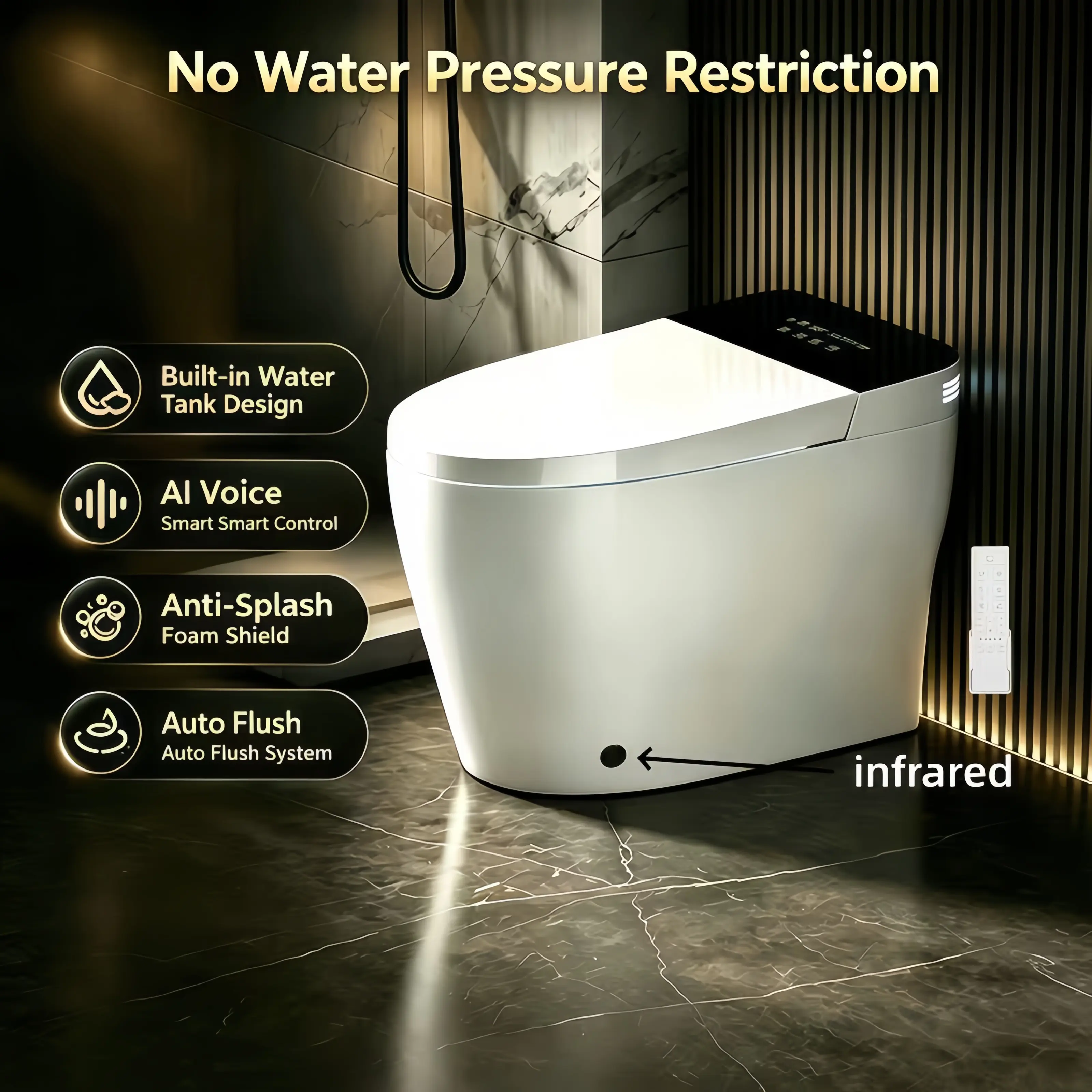 Xinhai Smart toilet with bidet, automatic open/close, foam barrier, 2.2 lb MaP flush rating, automatic urinal-style flush for men, mobile dryer, ADA-compliant comfort height, elongated bowl with heated seat (built-in tank)