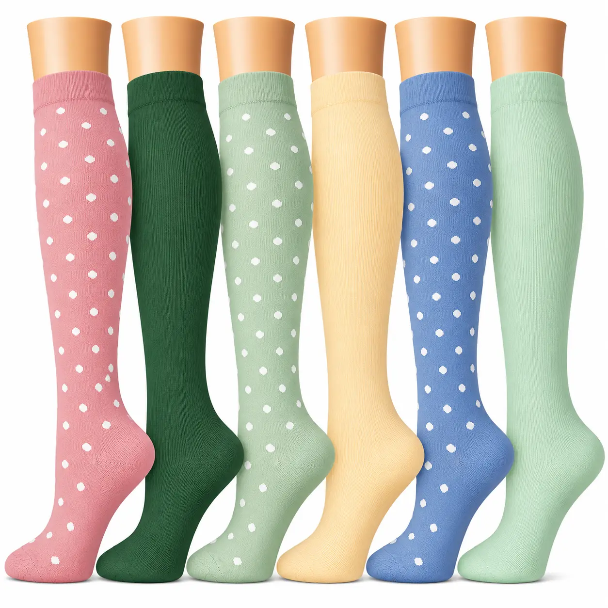 MhzyCaus Light Compression Socks for Women, 6 Pairs Retro Polka Dot Mid-Calf Socks, Colorful Stretchy Vintage-Inspired Styles for Work, Travel, Casual & Everyday Wear， high