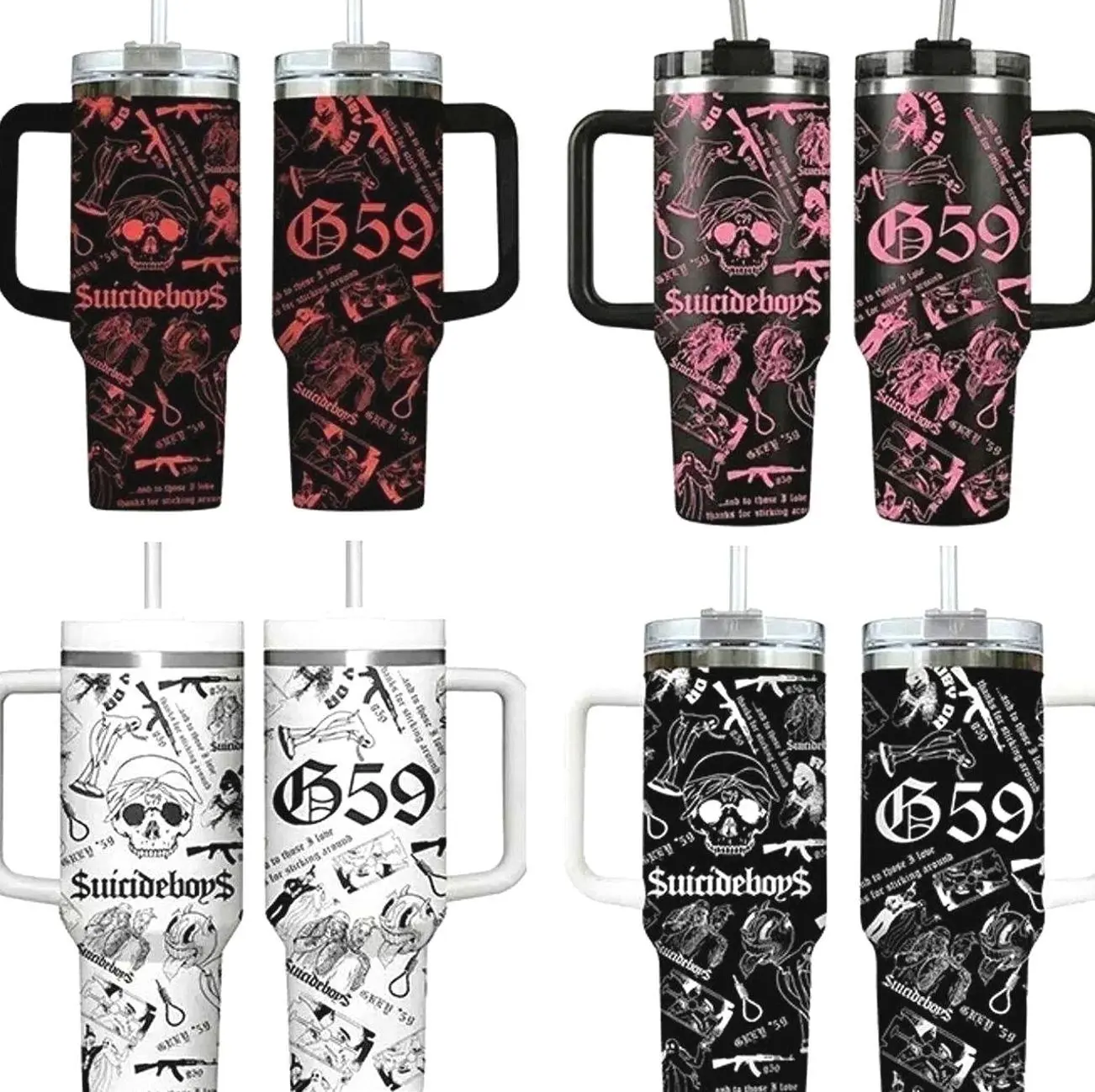 Collection SuicideboyS G59 Skull Aesthetic 40oz Tumbler With Handle, Underground Rap Merch Cup, Dark Trap Goth Style Travel Mug, Flasks Gift For Grey Five Nine Fan ,Muticolor Collage Design Stainless Steel Insulated Tumbler For Music Fans