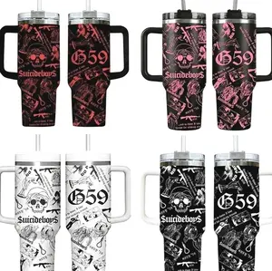 Collection SuicideboyS G59 Skull Aesthetic 40oz Tumbler With Handle, Underground Rap Merch Cup, Dark Trap Goth Style Travel Mug, Flasks Gift For Grey Five Nine Fan ,Muticolor Collage Design Stainless Steel Insulated Tumbler For Music Fans
