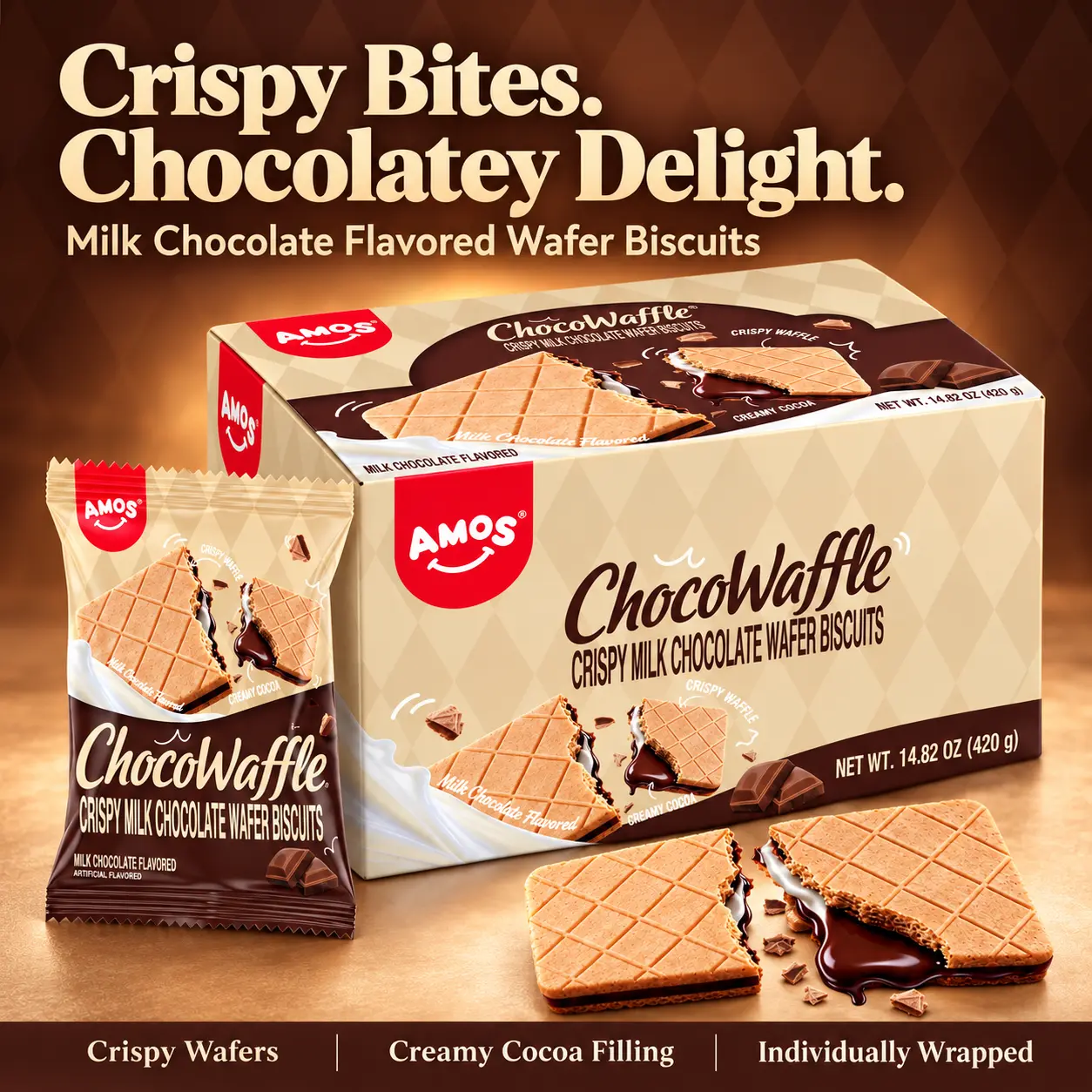 AMOS ChocoWaffle Crispy Milk Chocolate Flavored Wafer Biscuits, Individually Wrapped Sweet Snacks for Sharing, Office & Travel, 14.82 oz (420 g), Large Box