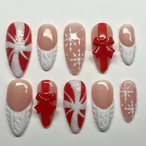 Christmas Gift Press On Nails | Red Bow & Snowflake Design | Holiday Sweater Nail Set