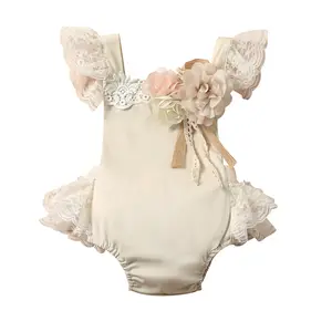 Elegant Baby Girl Romper, Sleeveless Square Neck Lace Hem Solid Color Flower Stitch Playsuit with Lace Skirt