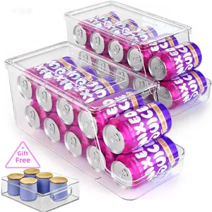 2Pack Soda Can Dispenser for Refrigerator with Lids, Stackable Drink Organizer for Fridge, Clear Plastic Refrigerator Organizer Bins, Beverage Can Holders for Pantry, Freezer, Kitchen, Cabinets