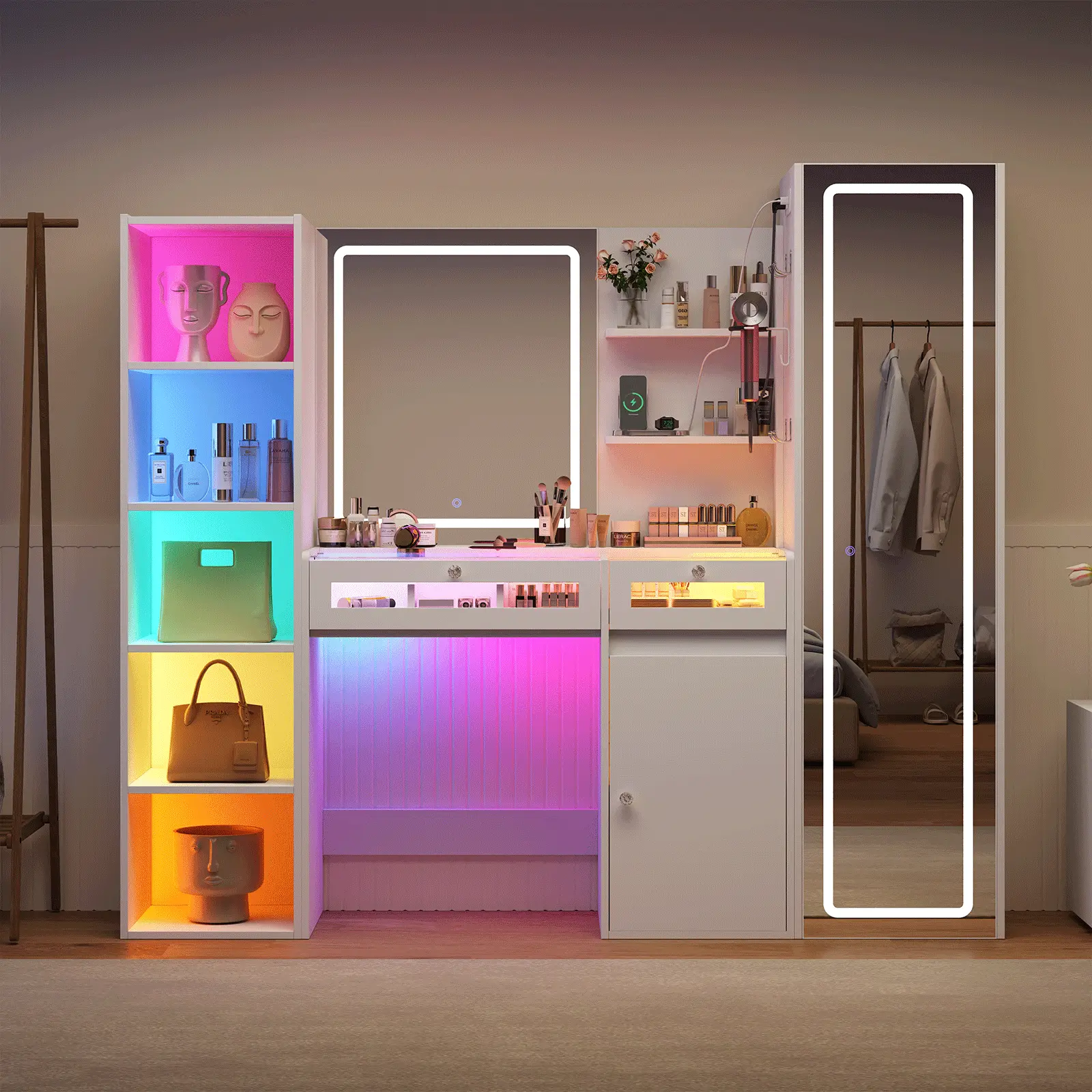 LED Makeup Vanity Table with Full Length Mirror, APP RGB Ambient Lights, 3 Color Dimmable Makeup Mirror, Divided Lighted Drawers, Multi-Tier Open Shelves, Large Side Storage Cabinet, Built-in Multi-Port Charging Station & Hair Dryer Holder for Bedroom