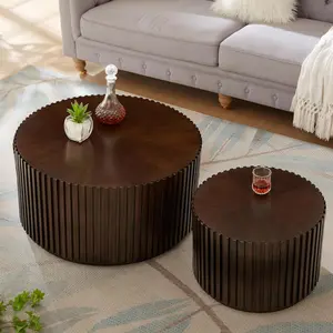 Nesting Round Wood Coffee Table Set of 2, Handcraft Drum Side Table End Table for Living Room, Modern Circle Wooden End Table Set for Small Space, No Need Assembly