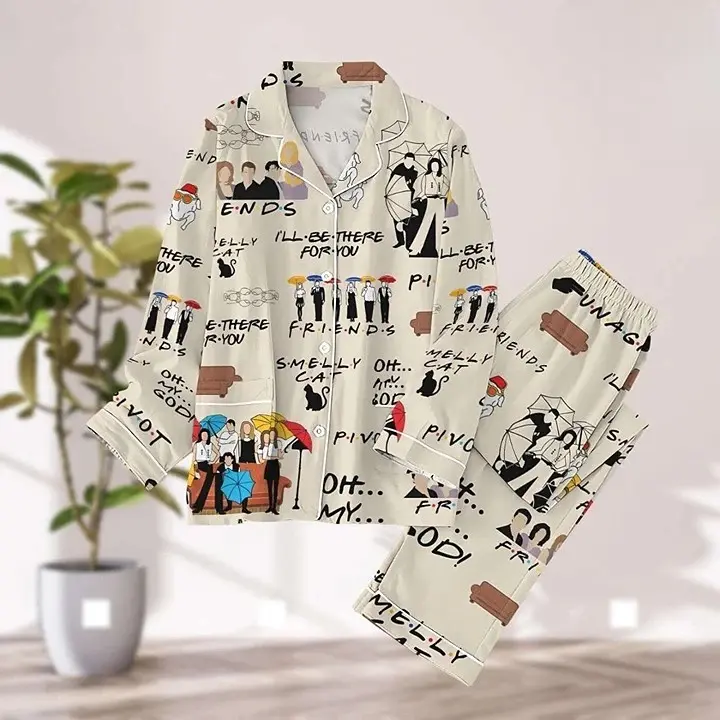 Holiday TV Show Pajama Set, Festive Friends Satin Sleepwear, Christmas Lounge Wear for Women, Cozy Family Matching Nightwear Gift
