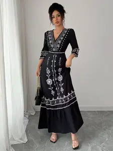 Elegant Summer Dress with Floral Print V-Neck Sleeves Zippered Waist Pleated Hem, Perfect for Holiday Gatherings and Vacations Womenswear Elegance