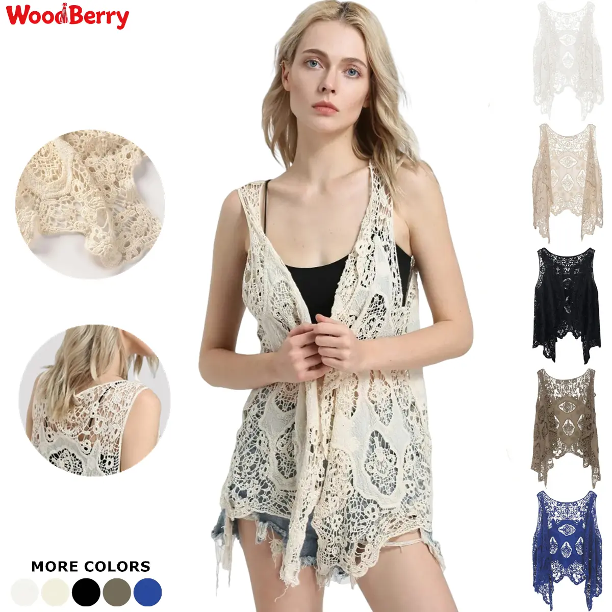 WoodBerry Women's 100% Cotton Open Front Crochet Vest - Boho Clothes for Women, Bohemian Hippie Butterfly Cardigan, Crochet Coverups, Lace Cover Up, Oversized Summer Beach Top, 100 Percent Cotton