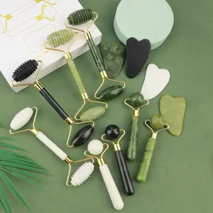 Set of 3 Massage Rollers: Xiuyan Jade 3-in-1 Jade Roller, Gua Sha Tool, and Eye Massager Set (Boxed)