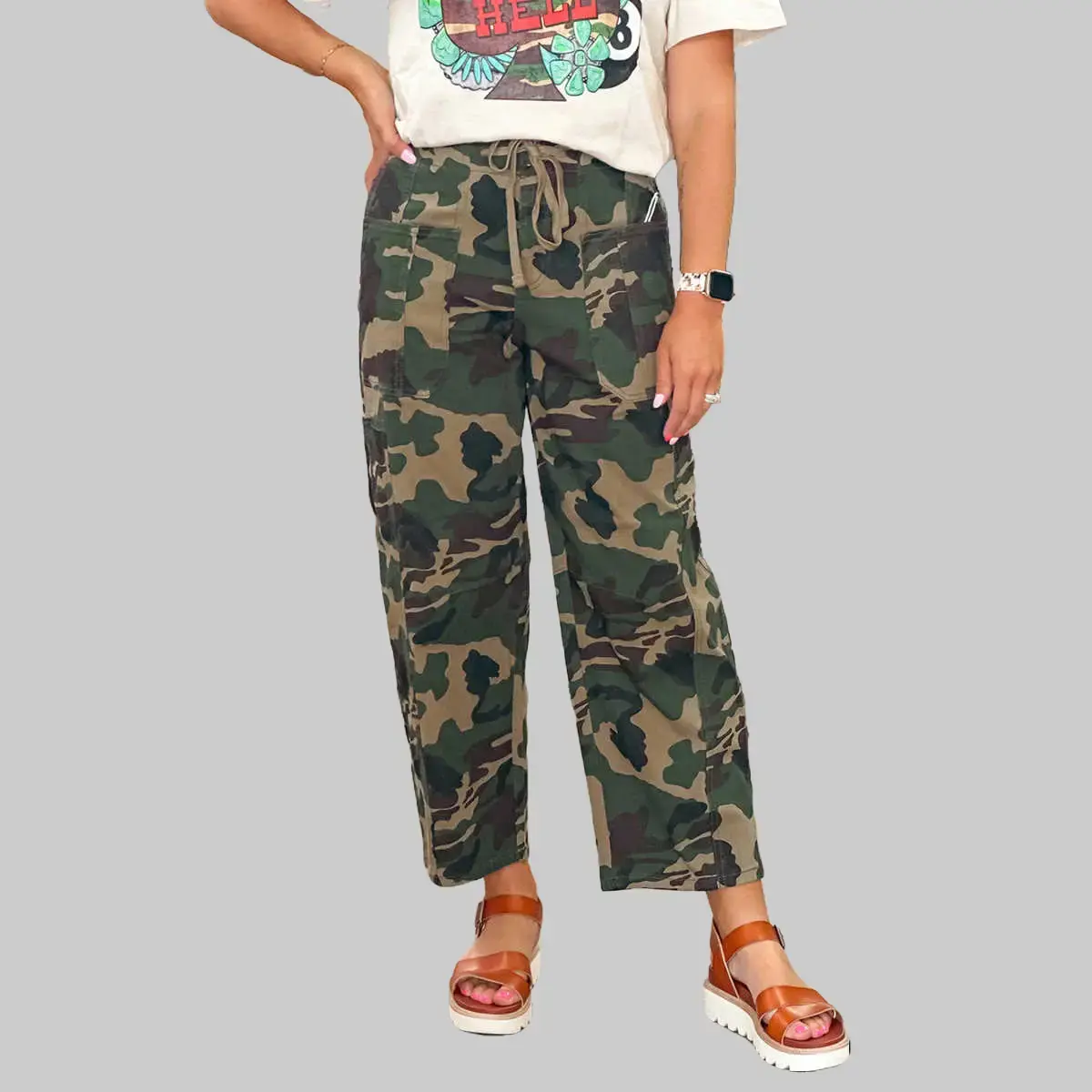 Dear-Lover Women's Chic Camouflage Barrel Leg Jeans Pants with Drawstring Waist, Soft Flexible All-Season Casual Clothes, Style, Comfy Pants