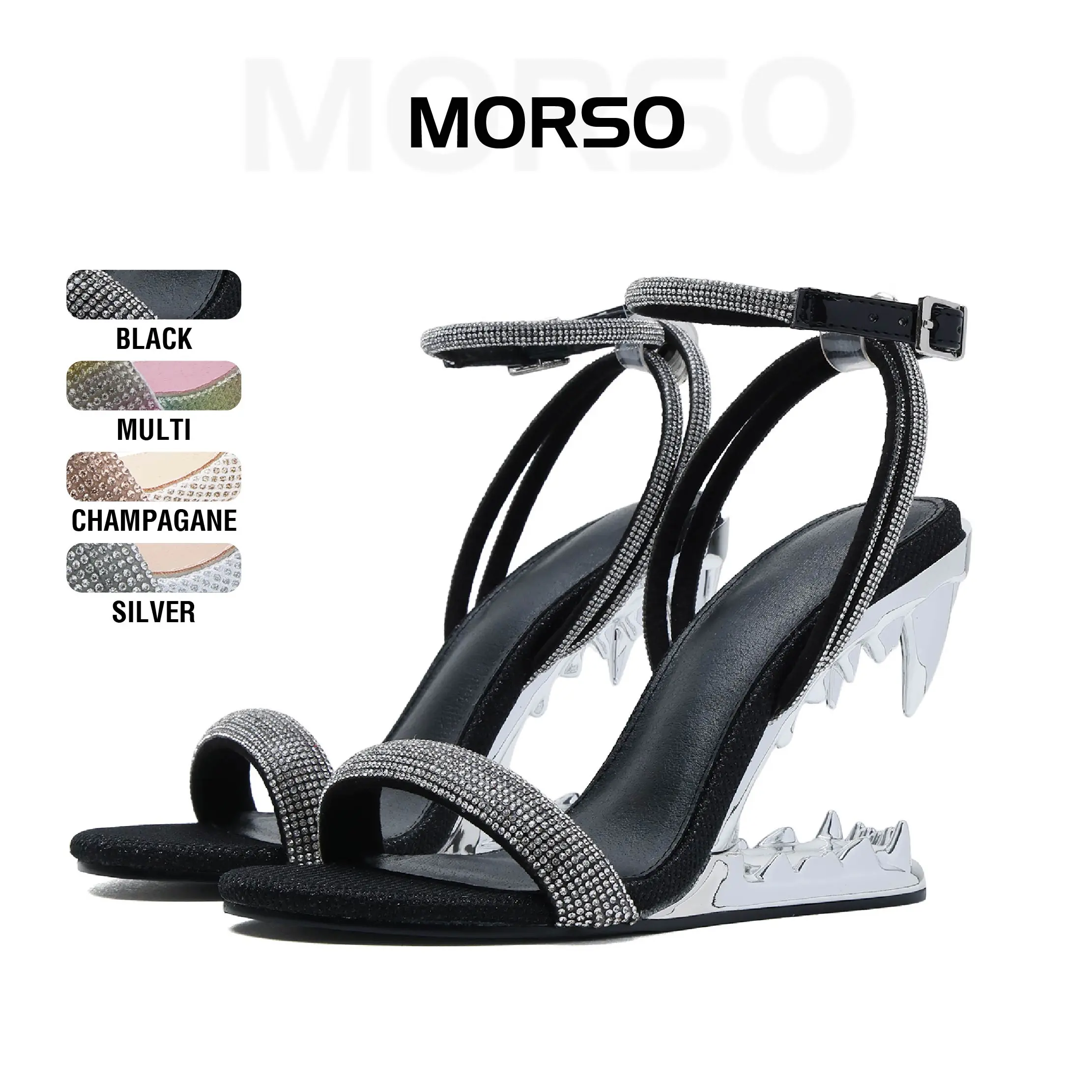 CYNLLIO Womens Morso Rinestone Ankle Strap Mule Heels Tiger Teeth Shark Heel Open Toe One Strap Slip On Sandals Party Wedding Dating Outing Holiday Dress Summer Fashion Heels
