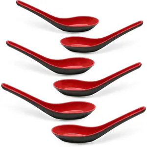 8 count  Soup Spoons, Chinese  Miso Ramen Wonton Dumpling Pho Rice Noodle Soba Soup Spoons, Red and Black Melamine Spoons