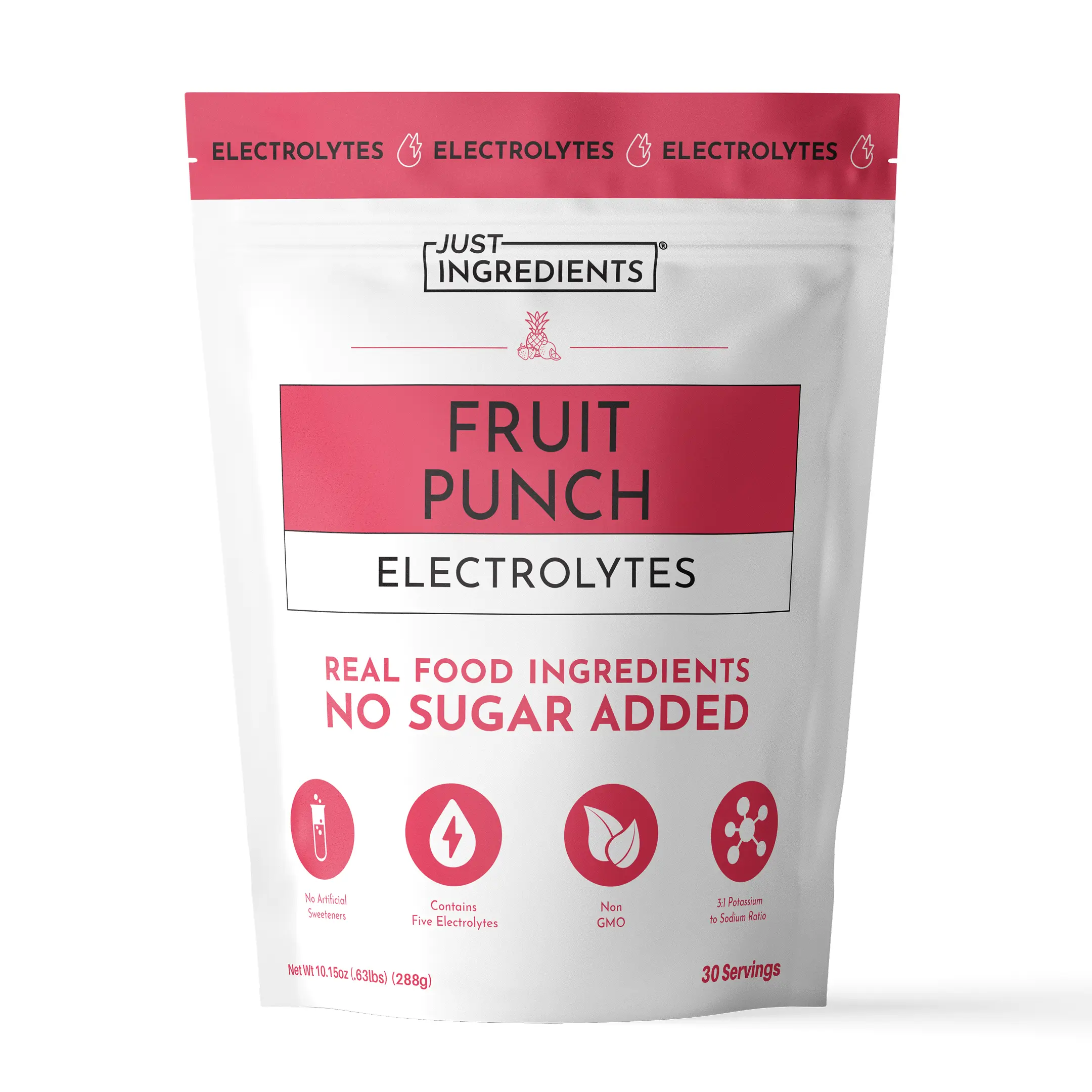 Just Ingredients Fruit Punch Electrolytes - 30 Servings - Supports Daily Hydration, Electrolyte Balance & Muscle Recovery* - 3:1 Potassium-to-Sodium Ratio - Drink Mix - Coconut Water, Sea Salt, Trace Minerals