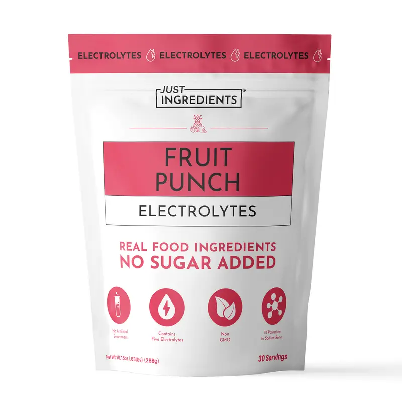 Just Ingredients Fruit Punch Electrolytes - 30 Servings - Supports Daily Hydration, Electrolyte Balance & Muscle Recovery* - 3:1 Potassium-to-Sodium Ratio - Drink Mix - Coconut Water, Sea Salt, Trace Minerals