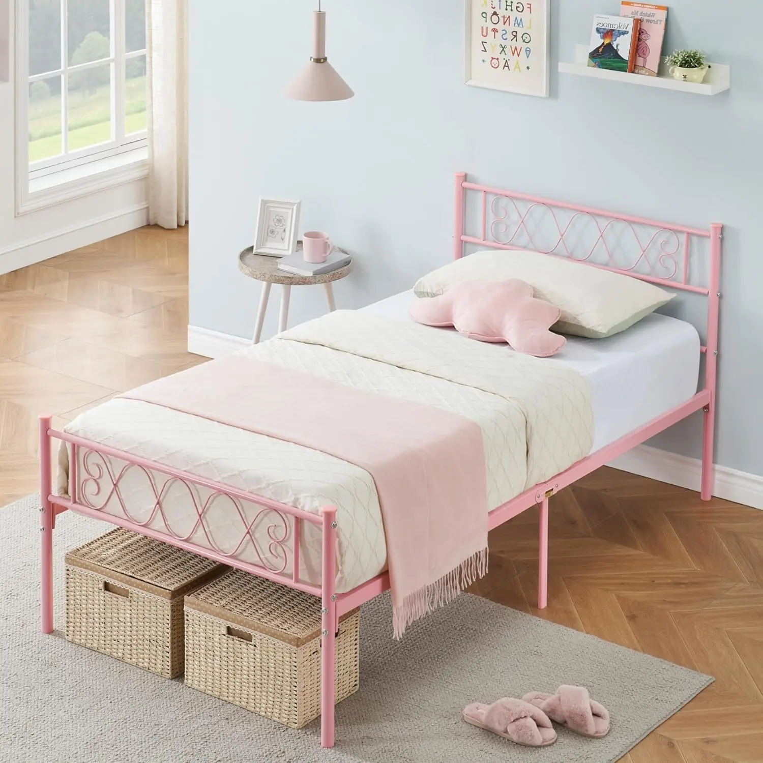 Twin-XL Sturdy Pink Metal Platform Bed Frame with Iron-Art Heart Headboard & Footboard, No Box Spring Needed, Easy Assembly, Lightweight Indoor Kids' Bedroom Furniture, Furniture For Bedroom