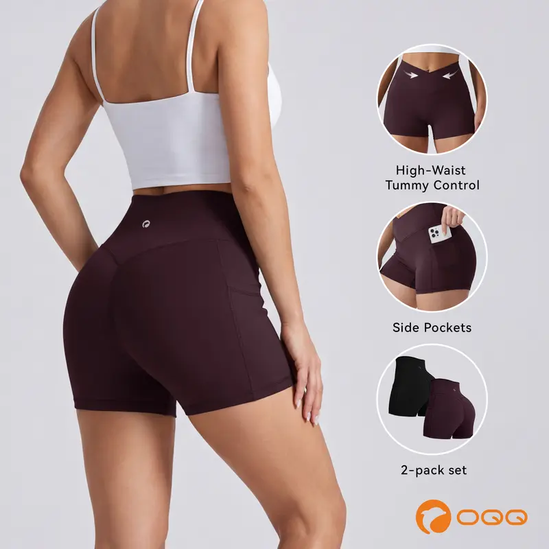 OQQ Women's 2-Piece High-Waisted Quick Dry Active Fitted Shorts - Above Knee, Tummy Control, Crossover Cut, Utility Pocket, Lightweight Stretch, Athleisure Basic for Running, Yoga (Shorts for Women)