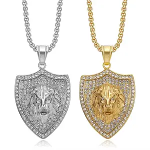 18kGold Plated/Silver Plated Bling Rhinestone StainlessSteel Shield Lion Head Pendant Necklace with Sparkling Rhinestones