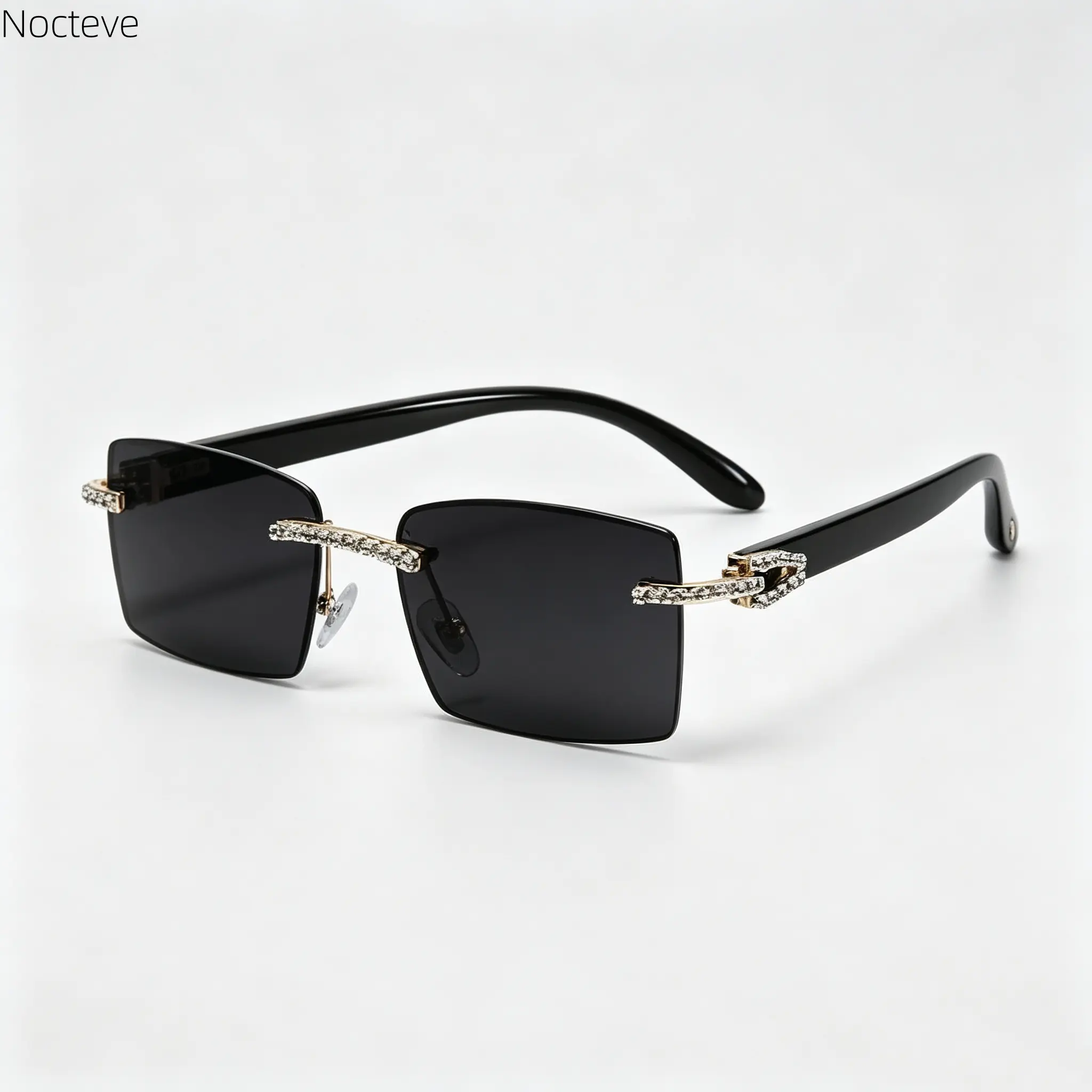Women's Rhinestone Decorated Rimless Rectangle Sunglasses, Sleek Modern Eyewear for Daily & Outdoor Matching