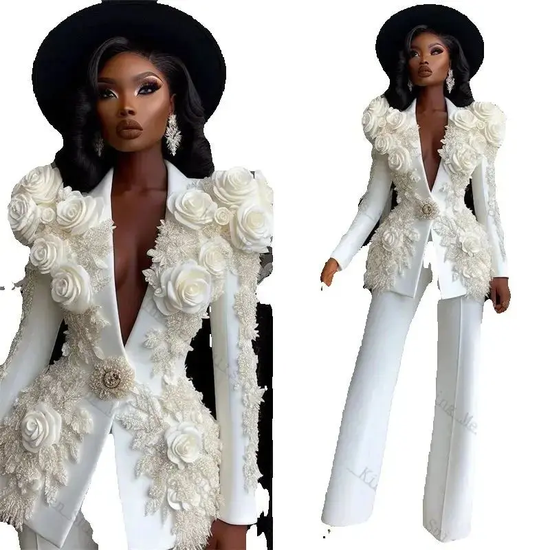 Luxury White Women Suit Pants Sey 2 Pieces Blazer+Trousers 3D Flower Customized Formal Office Lady Wedding Tuxedos Party Gown