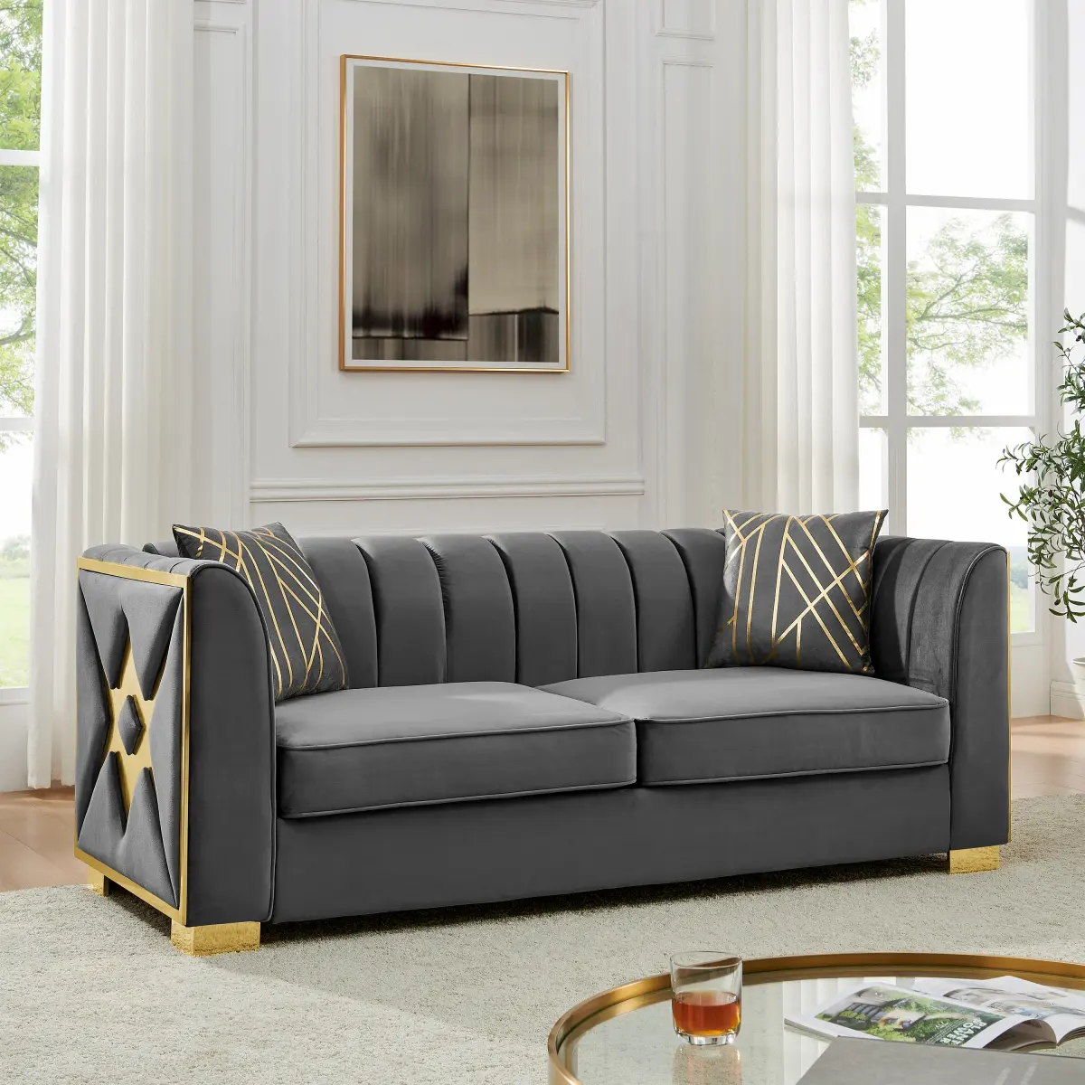 81.1 Inches Velvet Button Tufted Sofa Couch with 2 Pillows, 3 Seater Luxury Chesterfield Sofa Set with Gold Stainless Steel Accents for Living Room, Velvet Gray