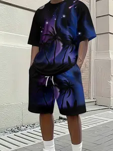 Men's 3D Digital Print Two-Piece Set, Purple Night Tropical Coconut Grove Surf Print Short-Sleeve Set, Trendy Casual Two-Piece, Beach Vacation Style Fashion Outfit, Lightweight and Breathable Sporty Casual Style, Perfect Gift for Men on Festivals