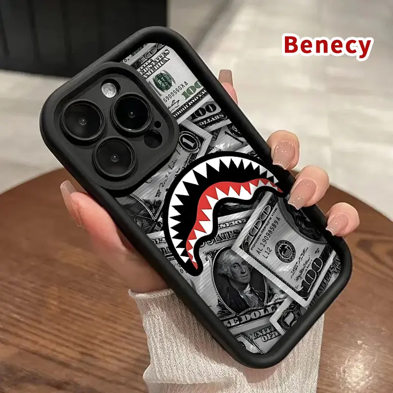 Shark Mouth Dollar Bills Pattern TPU Phone Case for iPhone 17 Pro Max 16 15 14 Plus 13 12 Mini 11 XR X XS Air E Shockproof Full Camera Protection Durable Slim Silicone Cover Smartphone Casing