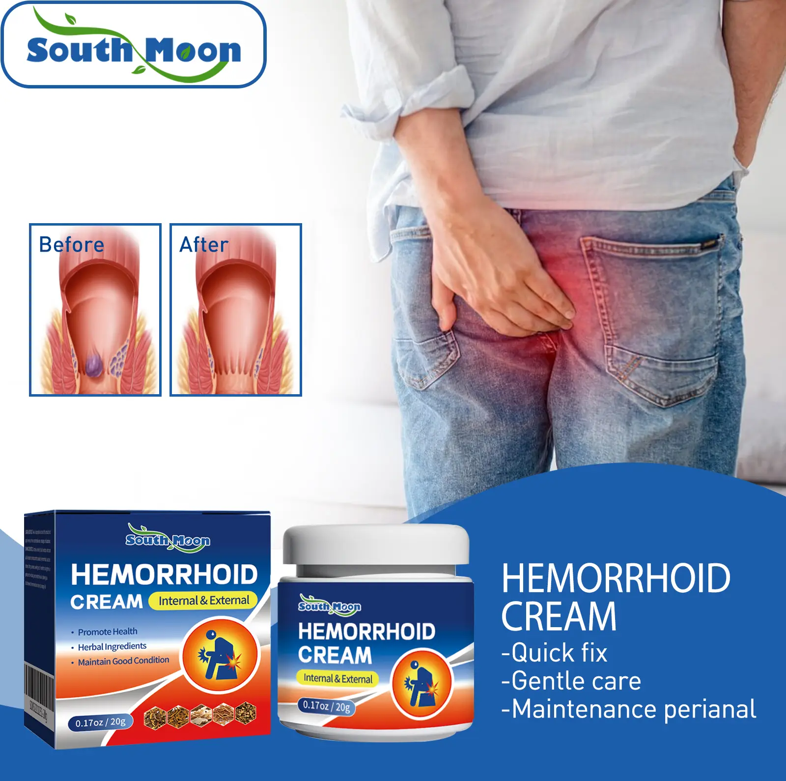 South Moon Hemorrhoid Cream Repairs Anal Area Swelling Itching Pain Relief Anti-Bacterial Treatment