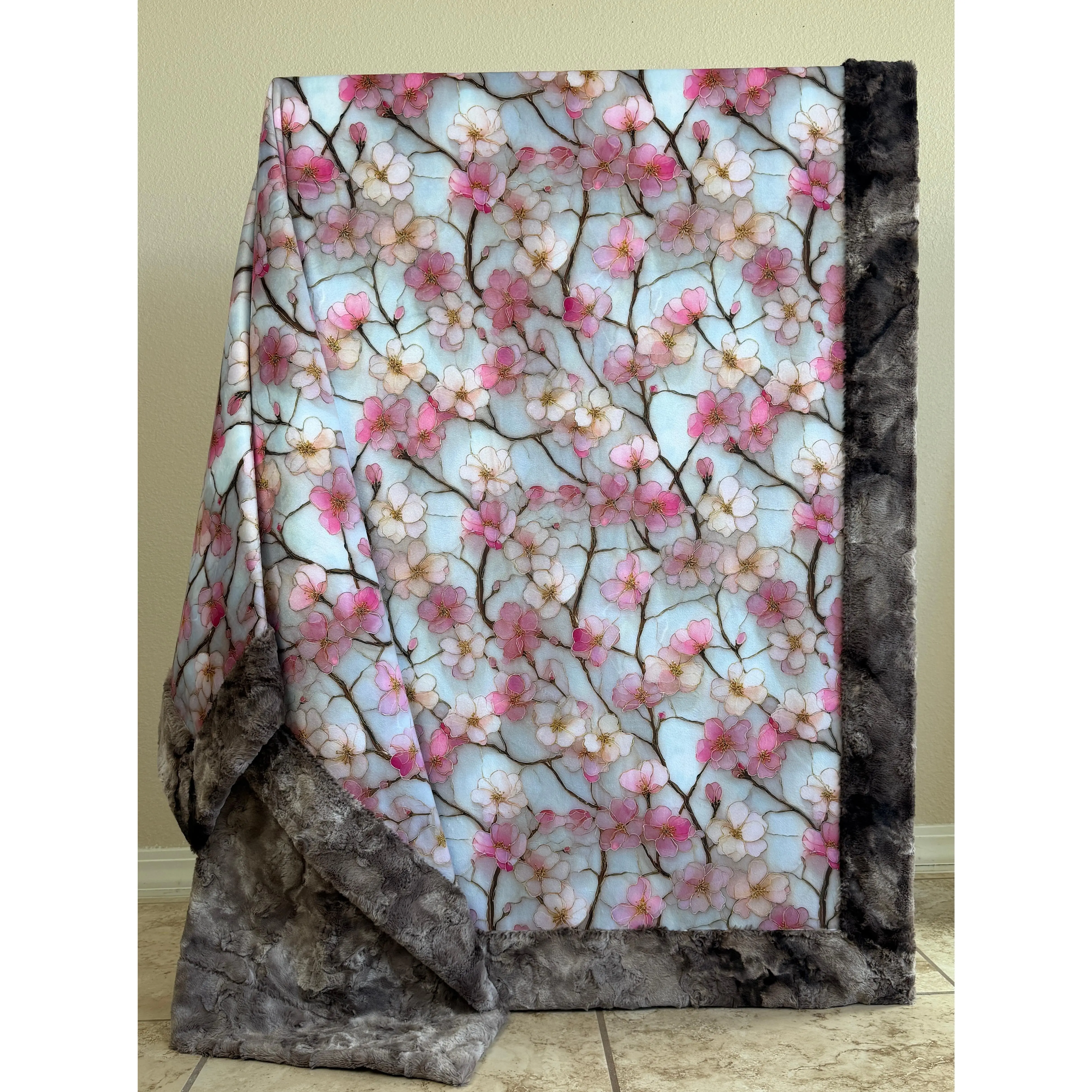 Cherry Blossoms on Brindle Luxe Large 56x79 Minky Blanket