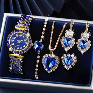 Women's 6-Piece Luxury Watch & Jewelry Set, Elegant Heart Dial Watch with Bracelet, Necklace, Earrings, and Ring, Fashionable Accessories Gift Box for Girlfriend, Mom, or Wife