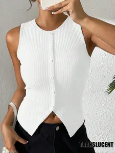 Women's Slim Fit Knitted Striped Sleeveless Vest, Round Neck, Split Hem Button Design, Fashionable Elegant Casual Top for Daily Wear
