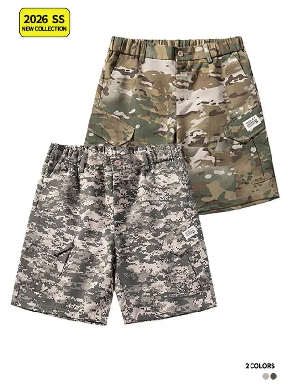 Men Camo Cargo Shorts Elastic Waist Drawstring Multi Flap Pockets Label Decor Casual Outdoor Knee Length Camouflage Shorts