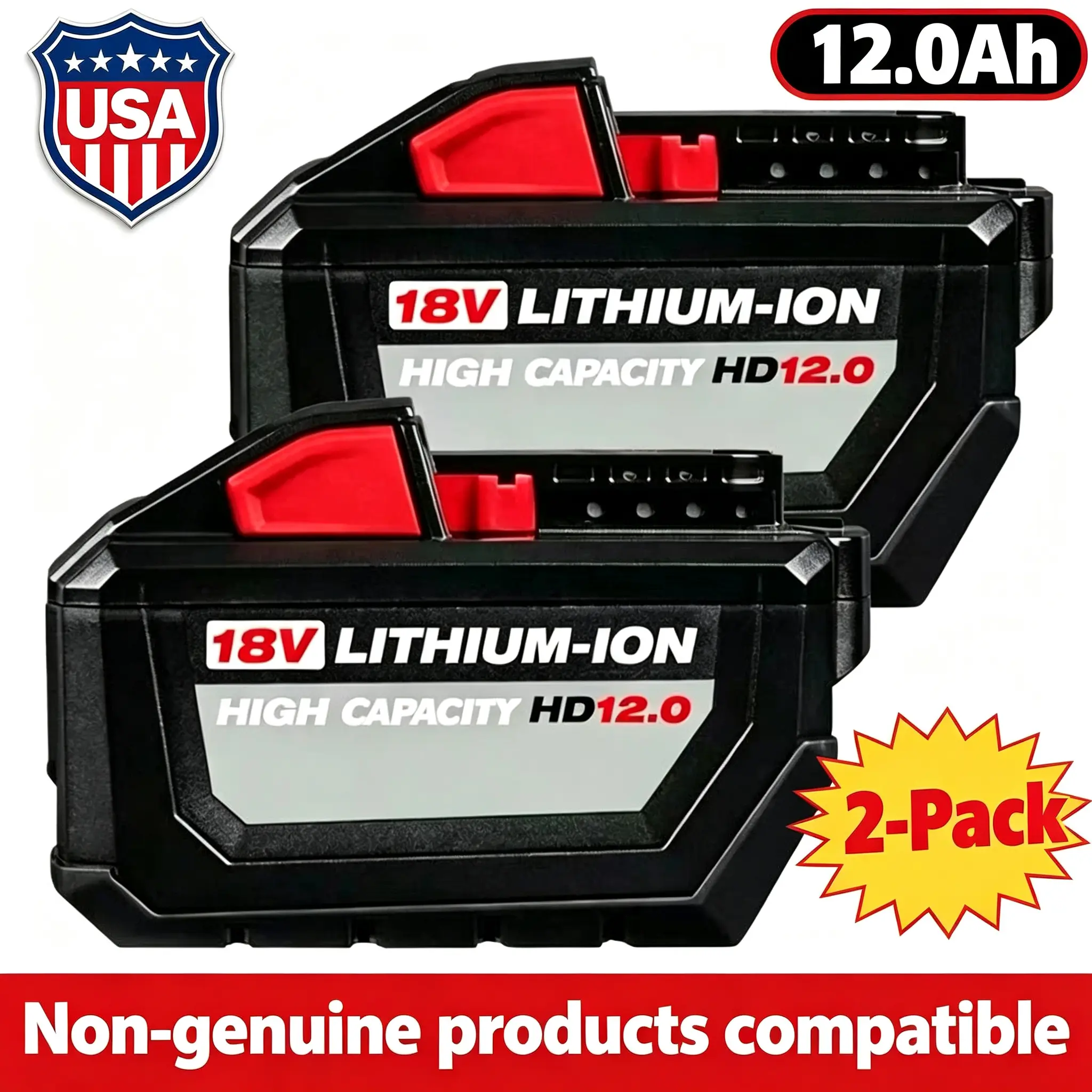 Cordless Tool Batteries - 2-Pieces 18V M18 12.0Ah Lithium-Ion Replacement Packs for Milwaukee, Compatible Fit with 48-11-1850/1860/1880, High-Capacity with LED Indicator, Protection System for Extended Runtime