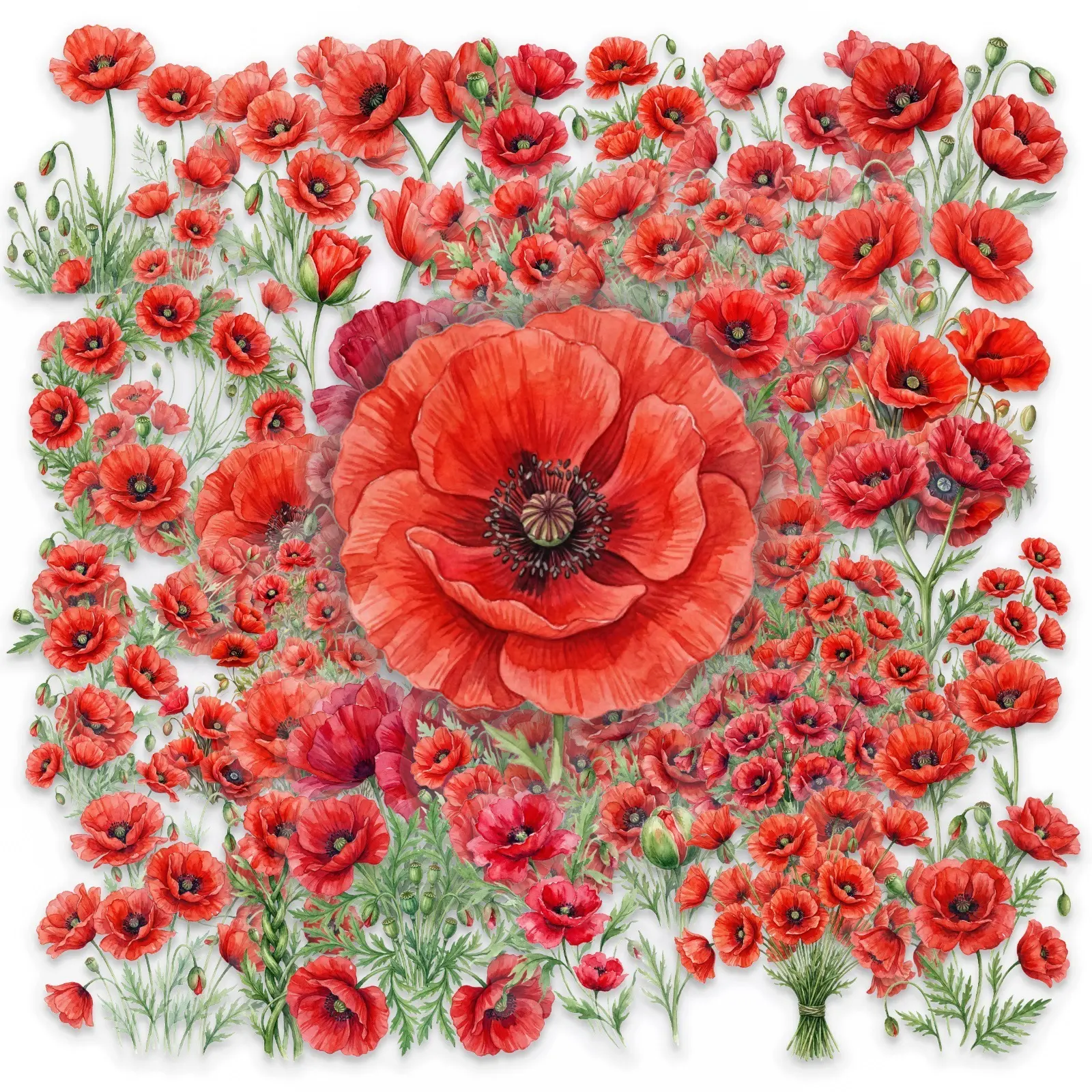 50pcs Bright Red Poppy Flower Transparent PET Material Graffiti Stickers, Suitable for Luggage, Phone Cases, Laptops, Helmets, Skateboards, Waterproof Decoration, DIY Creative Stickers