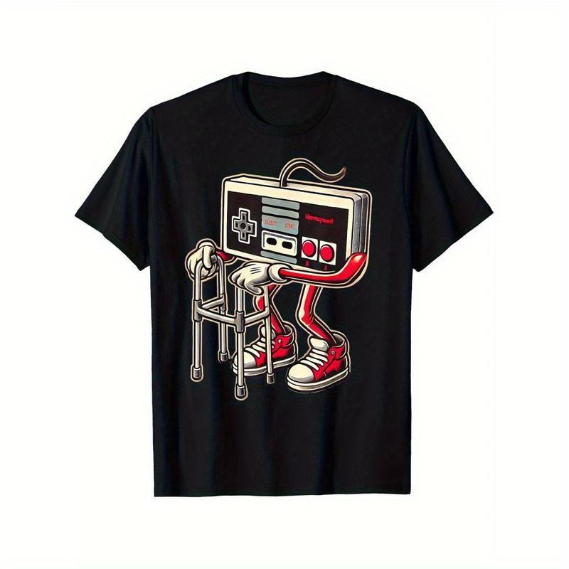 100% Cotton Men'S And Boys Retro Gaming Pattern T-Shirt - Fun Old Video Game Console Design, Black Casual T-Shirt With Red Sneakers And Cable Detail, Short Sleeves, Crew Neck, Machine Washable Golf Gift T-Shirt For Men And Women classic  rock  tee moon  r
