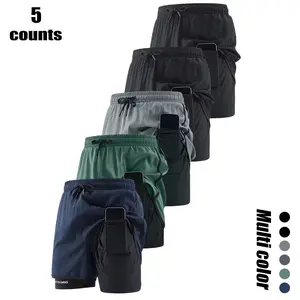 Pack of 5 summer men’s American-style athletic shorts for running, track & marathon; faux two-piece quick-dry design, elastic waistband with drawstring, built-in lining, pockets