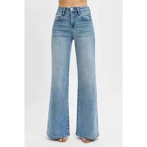 RISEN High Waist Wide Leg Front Yoke Detailed Jeans 21020 Medium Wash, Stretchy Cotton Denim Womenswear Bottom, True to Size, All Seasons Wear