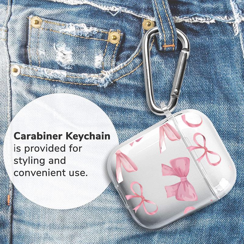 Pink Bow Delight Pattern Protective Case for AirPods 4/3/2/1/Pro/Pro2 Soft TPU Earphone Cover, Transparent with Keychain