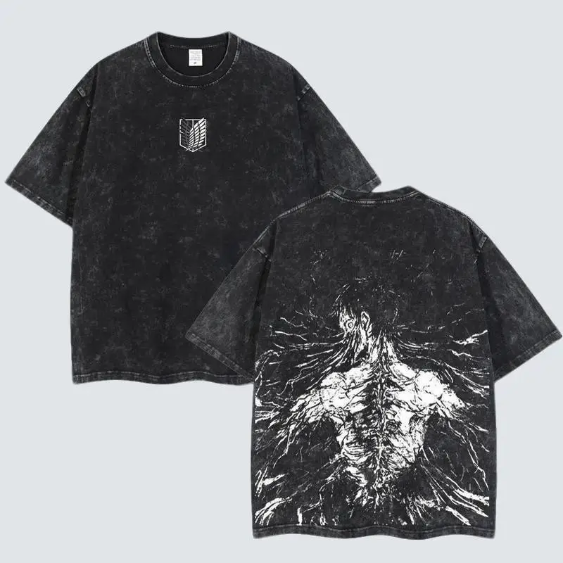 Retro Vintage Limited "The Founding Titan" Eren Yeager T-Shirt – Attack on Titan Anime Tee – Double Printed Washed Oversized Unisex Shirt, Acid-Washed Lightweight Cotton, Manga Graphic Crewneck Short Sleeve, Casual Streetwear, Trendy Anime Top, Perfect Gi