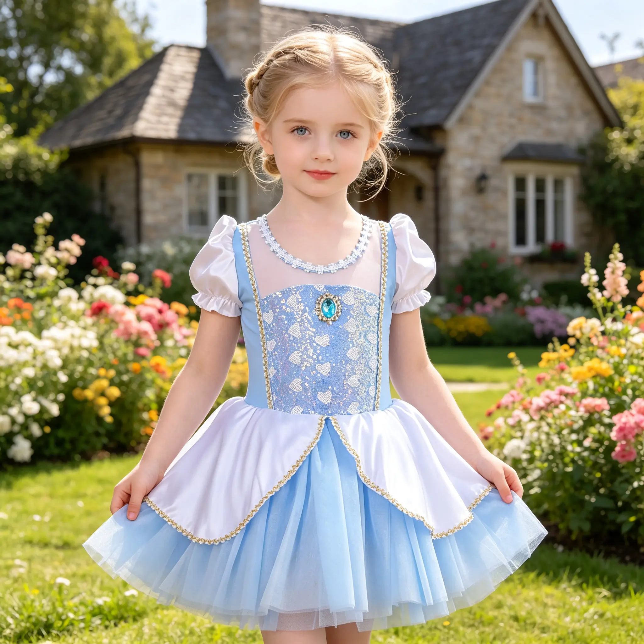 Girls Blue White Princess Tutu Dress, Puff Sleeve Heart Sequin Costume Gown with Gem Decoration for Birthday Party & Photoshoot